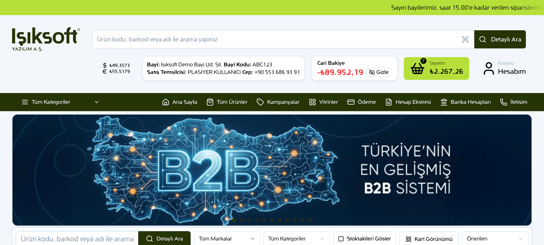 Bayi portalı ana sayfası: bayiye özel kampanya banner'ı, cari bakiye, sepet ve hızlı sipariş tablosu