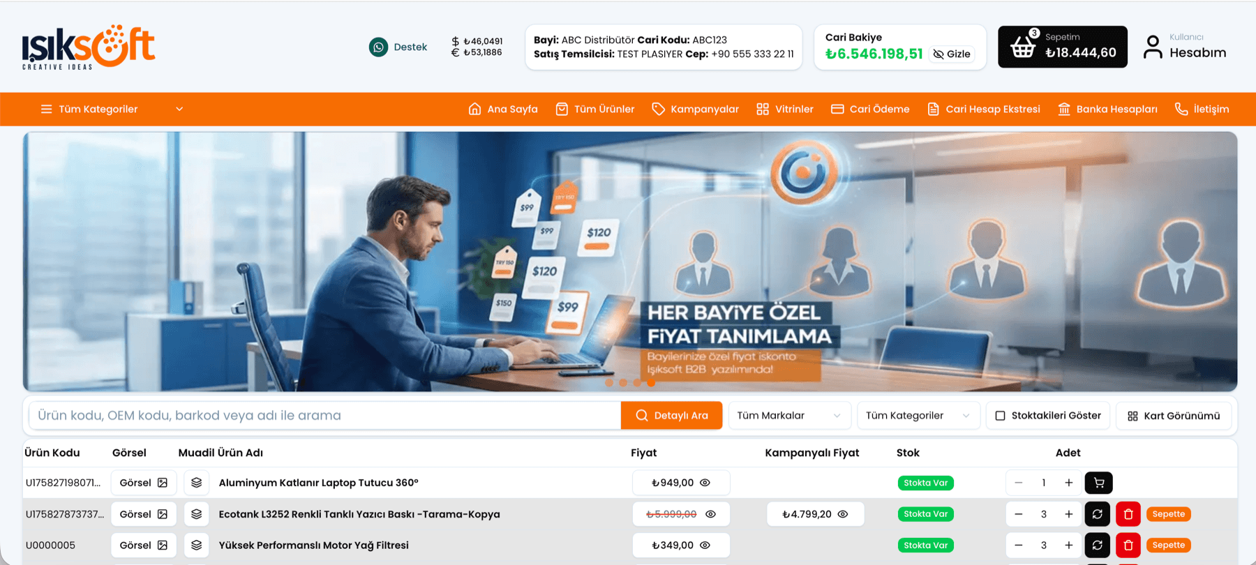 Bayi portalı ana sayfası: bayiye özel kampanya banner'ı, cari bakiye, sepet ve hızlı sipariş tablosu