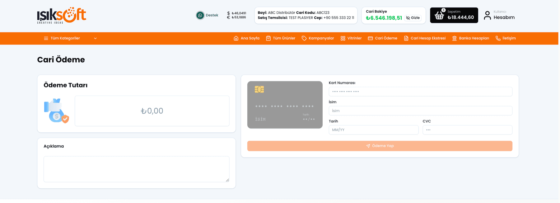Bayi portalında cari ödeme ekranı: kartla online tahsilat formu