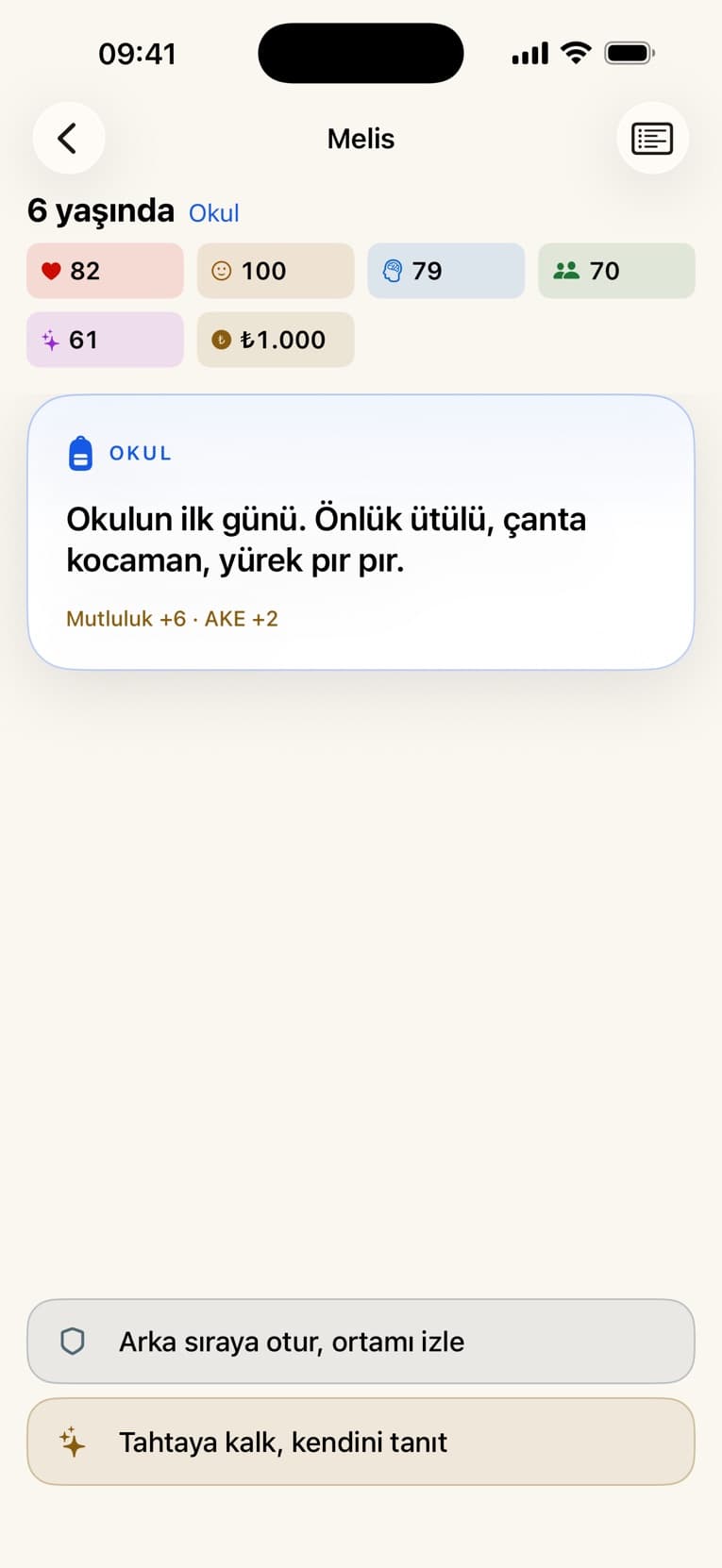 Ana Karakter: Yaşam Sim — karar kartı