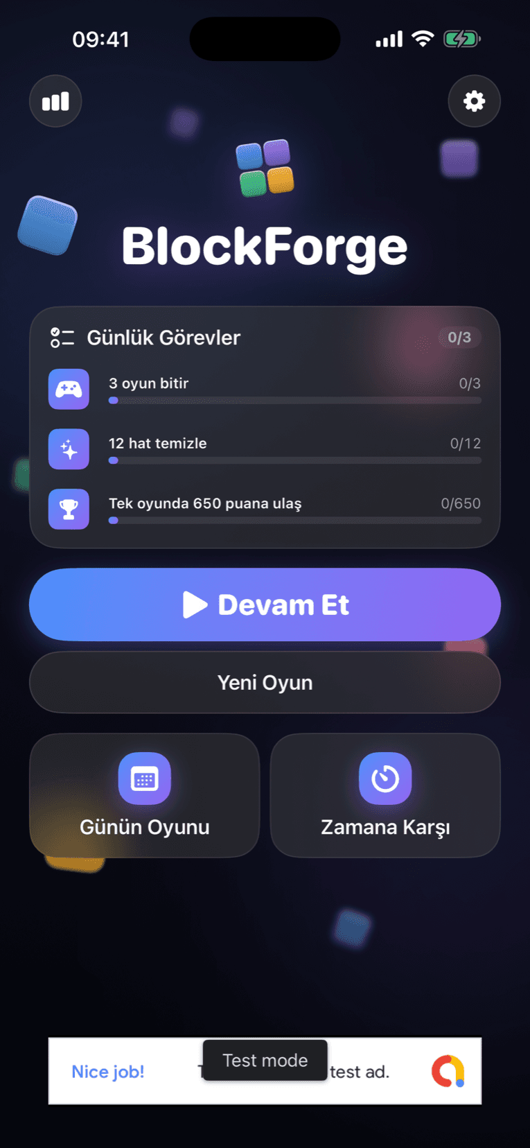 BlockForge ana menü ekranı: oyun modları ve en yüksek skor
