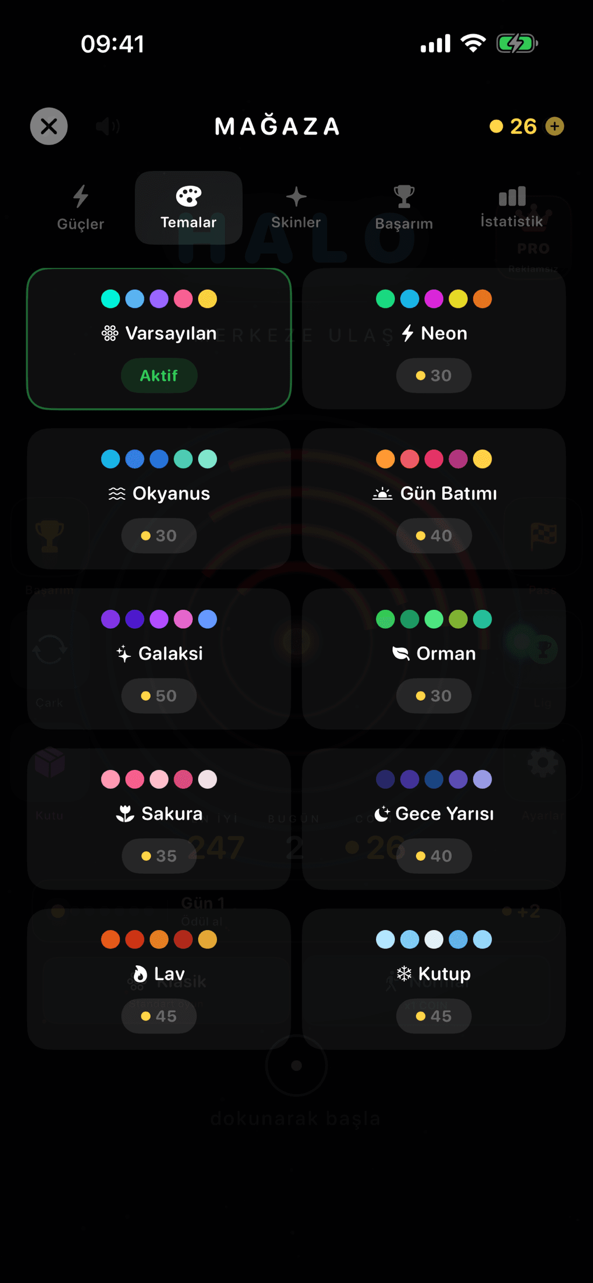 HALO mağaza ekranı: tema ve yörünge kaplamaları, coin bakiyesi