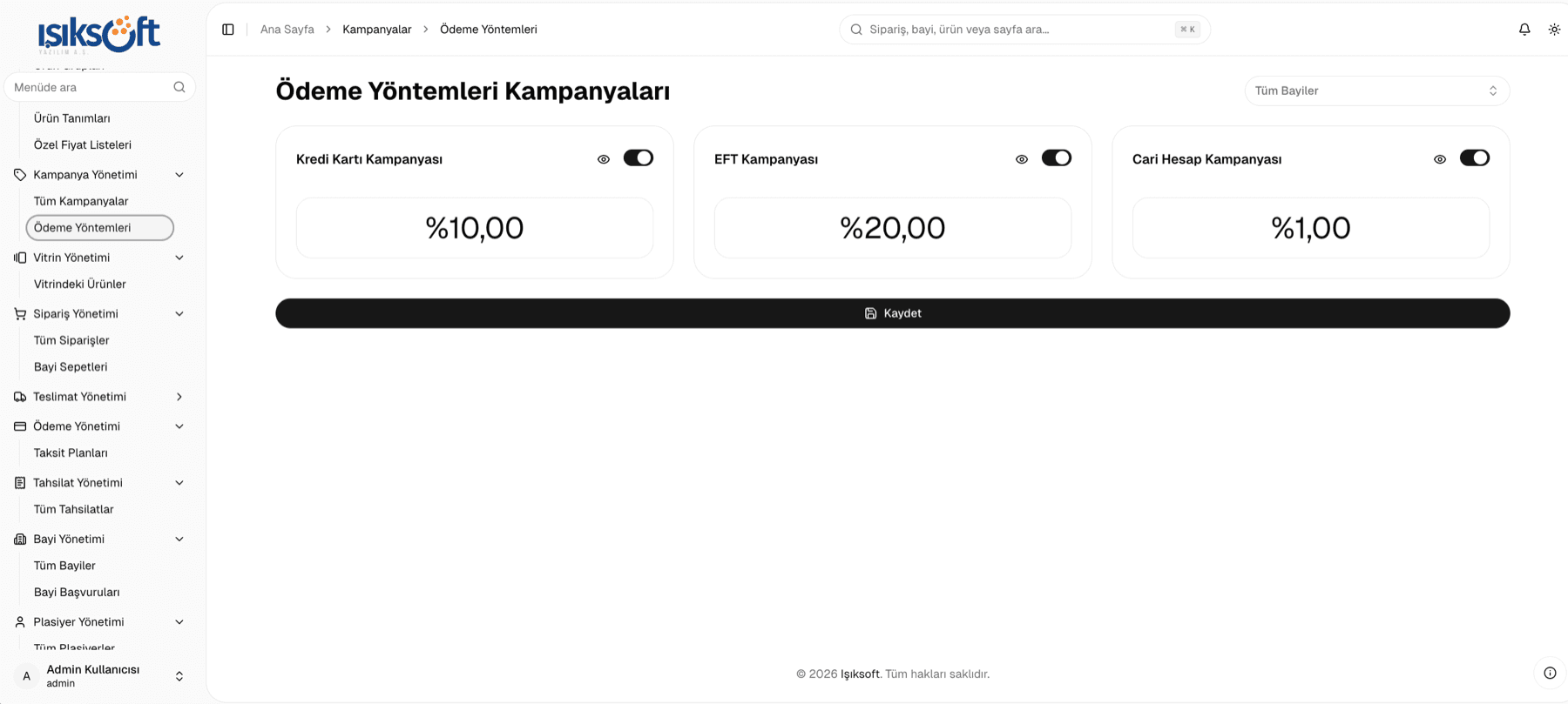 Ödeme yöntemi kampanyaları: kredi kartı, EFT ve cari hesap için ayrı indirim oranları
