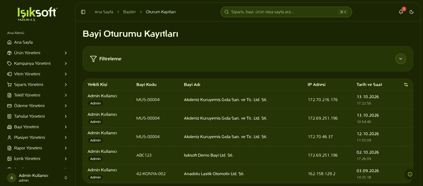 Bayi oturumu kayıtları: yetkili kişi, bayi kodu, bayi adı, IP adresi ve tarih