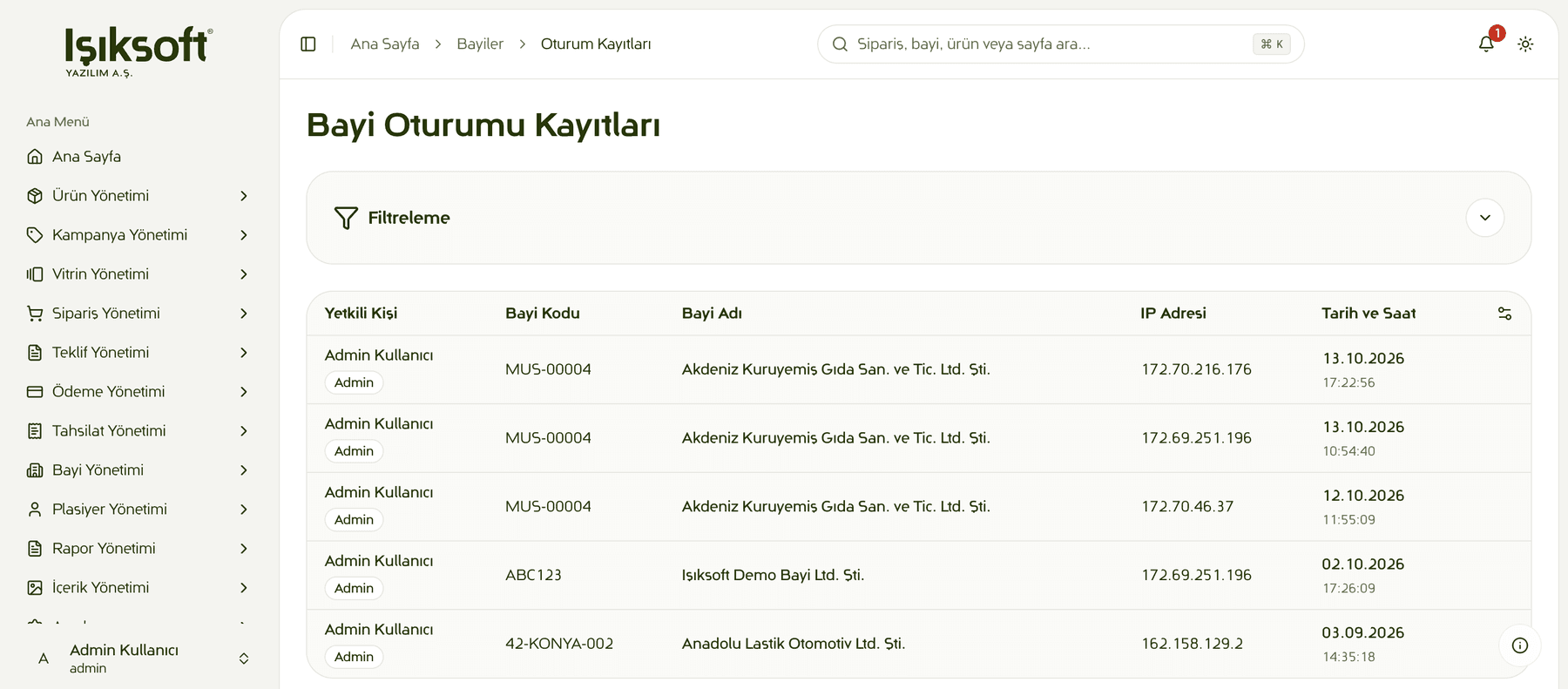 Bayi oturumu kayıtları: yetkili kişi, bayi kodu, bayi adı, IP adresi ve tarih