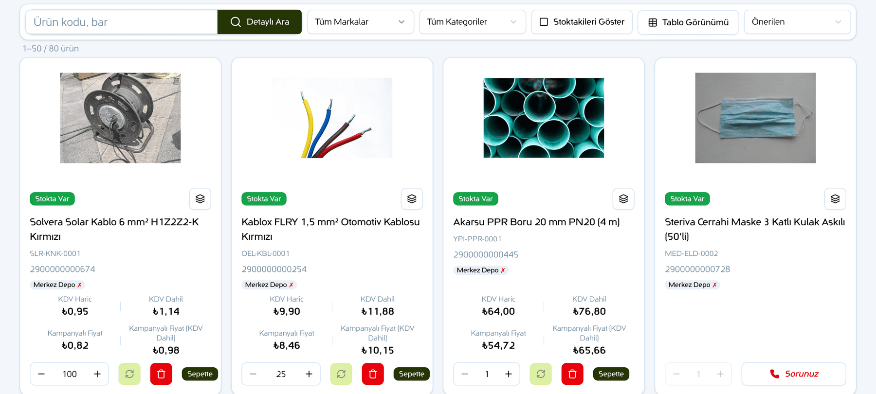 Bayi portalında kart görünümlü ürün katalogu: stok ve depo durumu, KDV hariç ve dahil fiyat, kampanyalı fiyat ve sepet kontrolleri